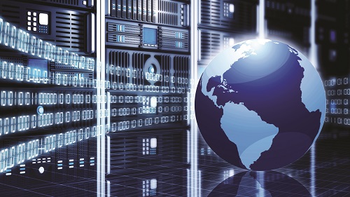 Internet or Information technology conceptual image. With a globe placed in front of computer server cabinets